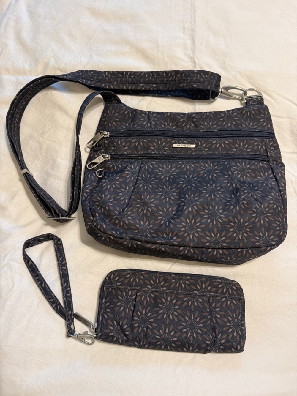 Travelon Navy Floral Crossbody Bag with Matching Wristlet Wallet
